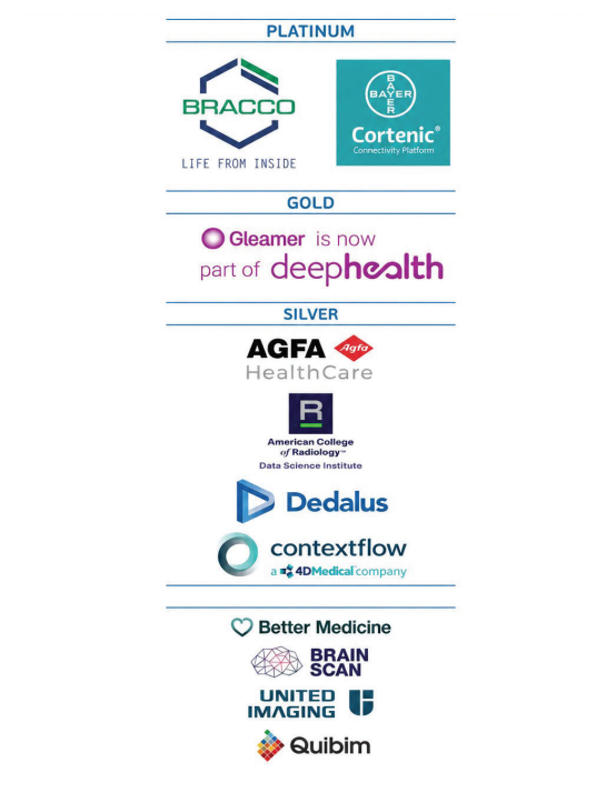 EuSoMII Annual Meeting 2026 sponsors: Platinum - Bracco and Bayer Cortenic; Gold - Gleamer, part of DeepHealth; Silver - Agfa HealthCare, American College of Radiology Data Science Institute, Dedalus, Contextflow, Better Medicine, Brain Scan, United Imaging and Quibim.